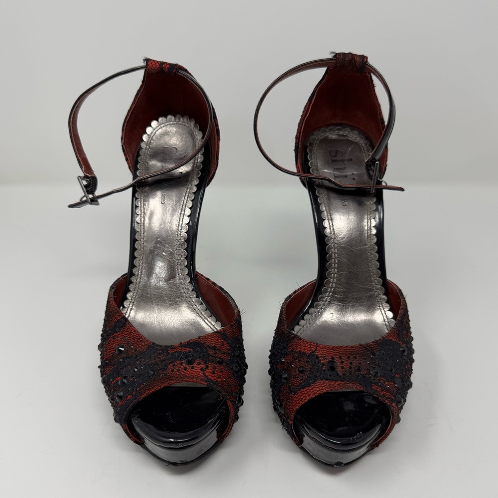 SHI by Journey Red w/ Black Lace Peep-Toe Heels‎ 
Measures like a Size 7.5